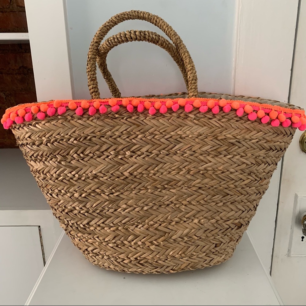 Saks Fifth Avenue Sea Grass Tote with Pom Pom Trim | Beach + Vacation Tote
